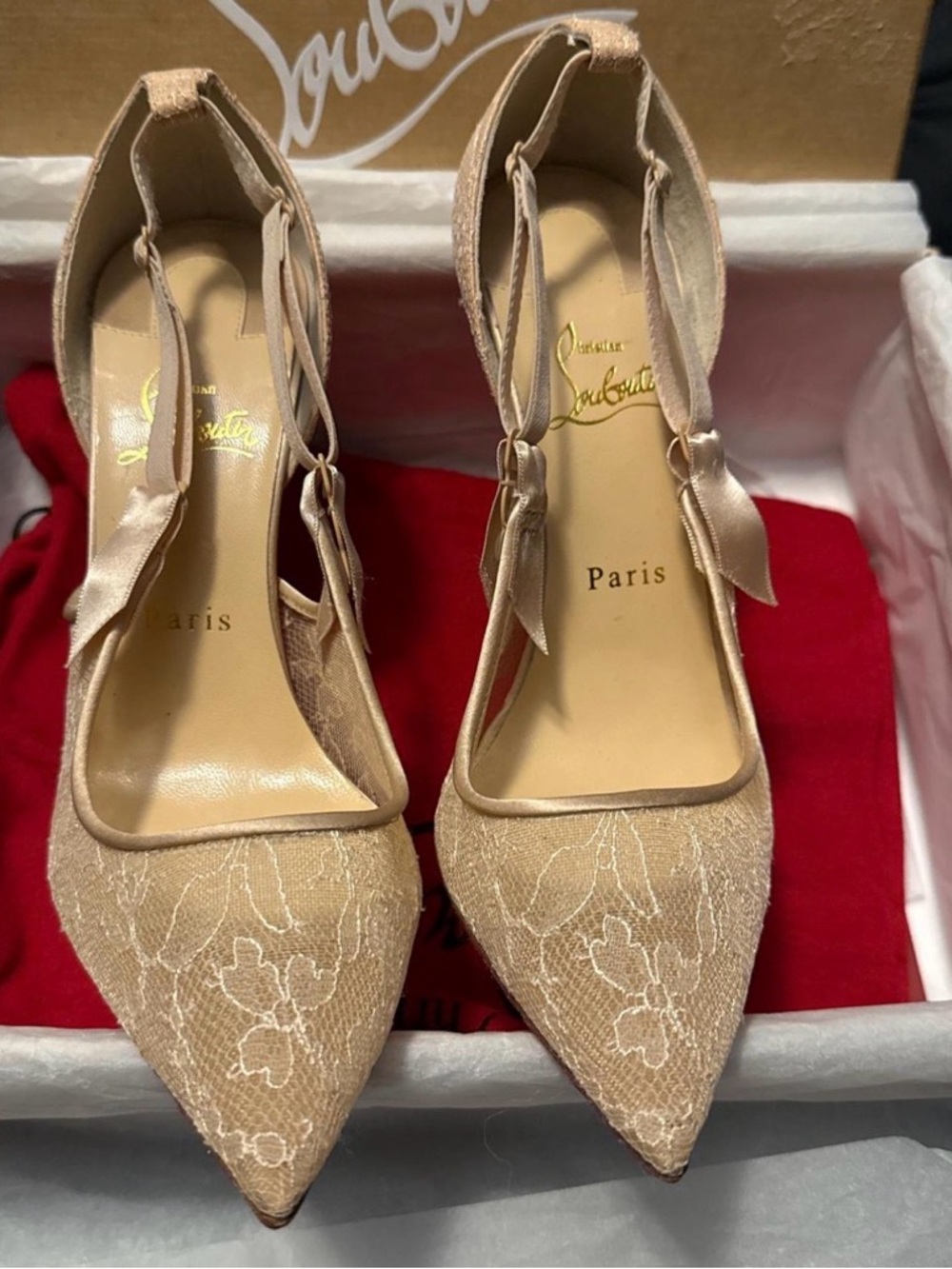 Christian Louboutin Lace Pointed-Toe Ankle Tie Pumps in Beige